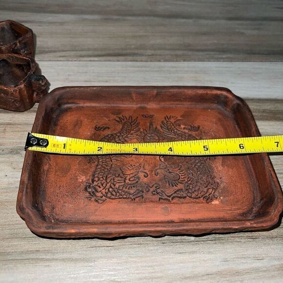 Yixing Zi Ni Vintage Brown Clay Miniature Tea Pot Set With Tray Carved 6 Piece - Picture 3 of 11